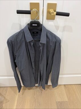 Boss Men's navy and Gray Micro-Check Dress Shirt